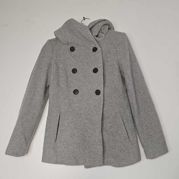 Zara Womens Gray Double Breasted Wool Jacket  With hoodie Size Small - Picture 1 of 9